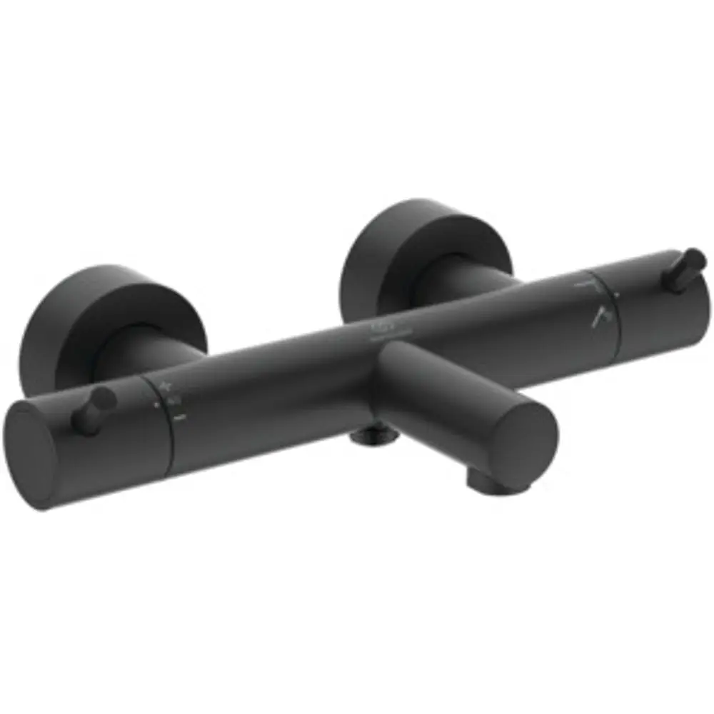 Badethermostat in mattem Schwarz mit zwei runden Griffen, hergestellt von Ideal Standard. Das Design zeigt eine schlichte, moderne Form ohne sichtbare Beschriftungen.
